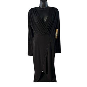 Black Long-Sleeve Wrap Dress With Front Zipper Detail
